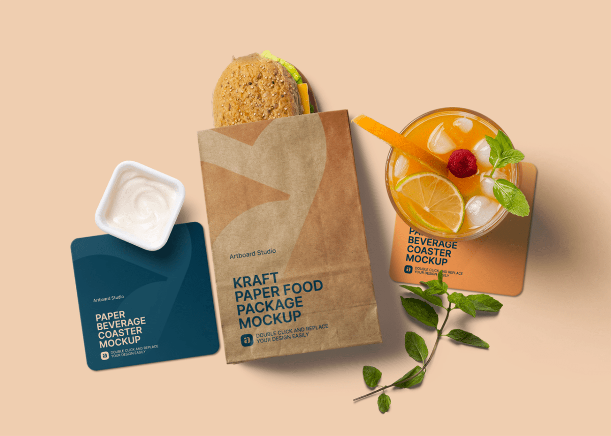 Our new food tray packaging mockup is presented at three angles for your . Kraft Paper Food Package Mockup Scene