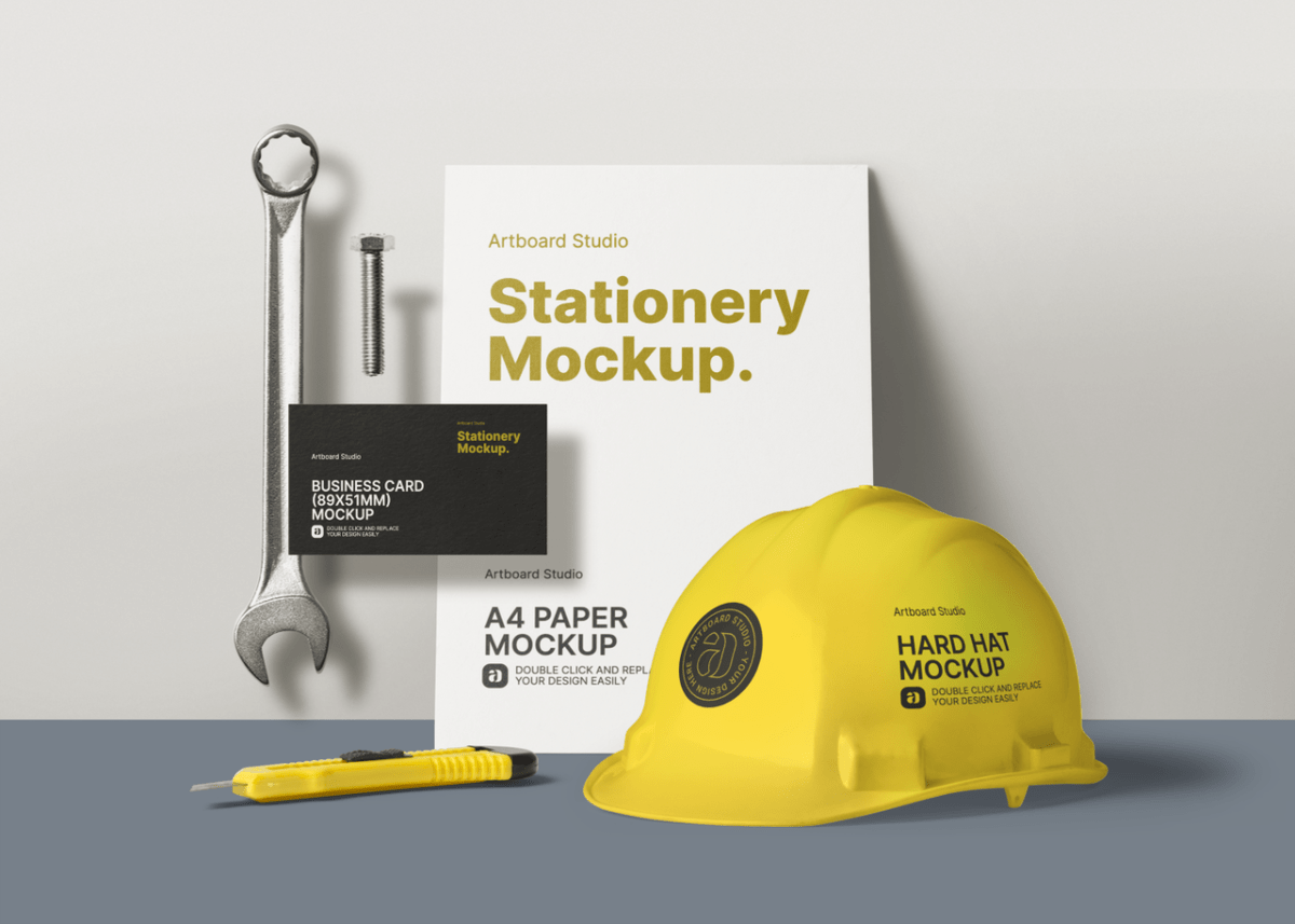 Use the psd file's smart layer to change colors and the content. Construction Company Branding Identity Mockup Template