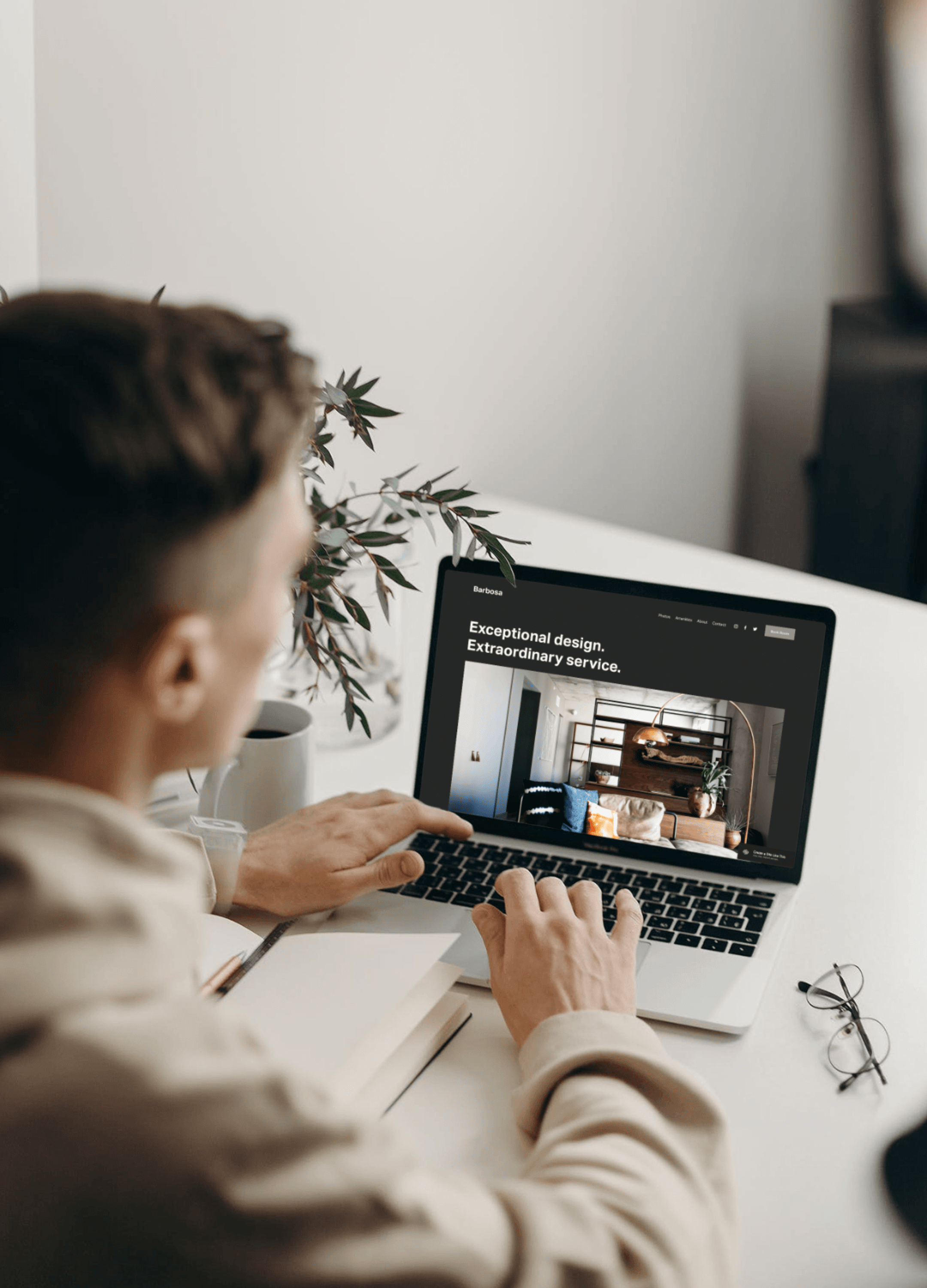 This is a free mockup template you can use to showcase your designs on websites and portfolios. Free Laptop Mockup In Workspace Scene